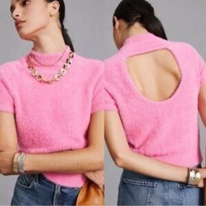 ANTHROPOLOGIE MAEVE FUZZY PINK SHORT SLEEVE PREPPY SWEATER SIZE MEDIUM NWT